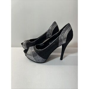 Worthington Glitter Slip On Peep Toe 4" Heel Platform Size 7.5 Silver Black Gray